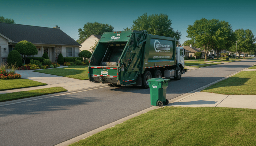 Go Green Sanitation truck driving down a residential street after a Hamptons trash pickup