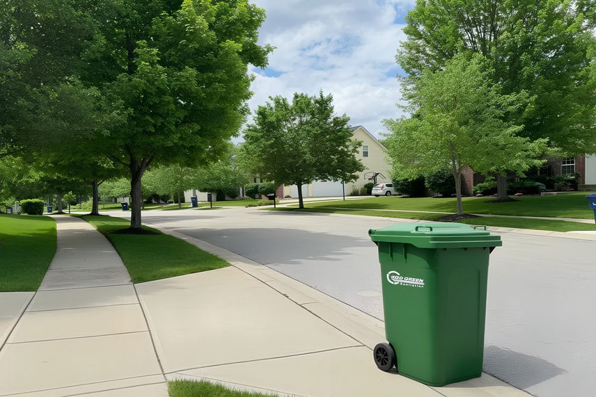 Go Green Sanitation garbage can at the end of a Long Island driveway